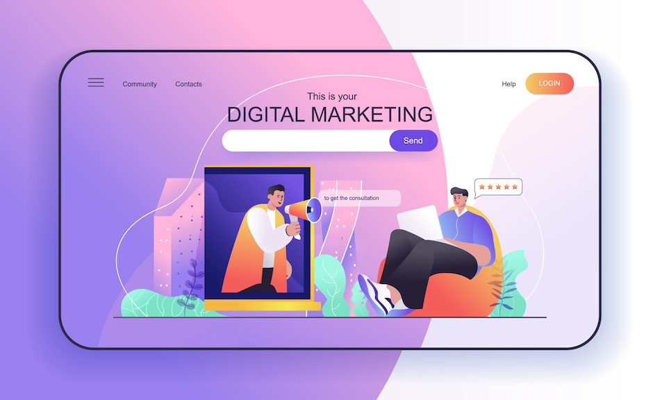 Digital Marketing concept for landing page. Loudspeaker marketer engages social media user, online promotion web banner template. Vector illustration in flat cartoon design for web page